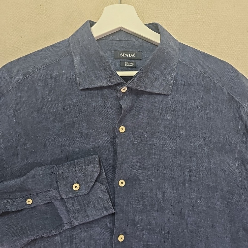 SPADA Puro Lino Men's 17.5 44 Blue‎ Button Up Long Sleeve Shirt 100% Linen Italy